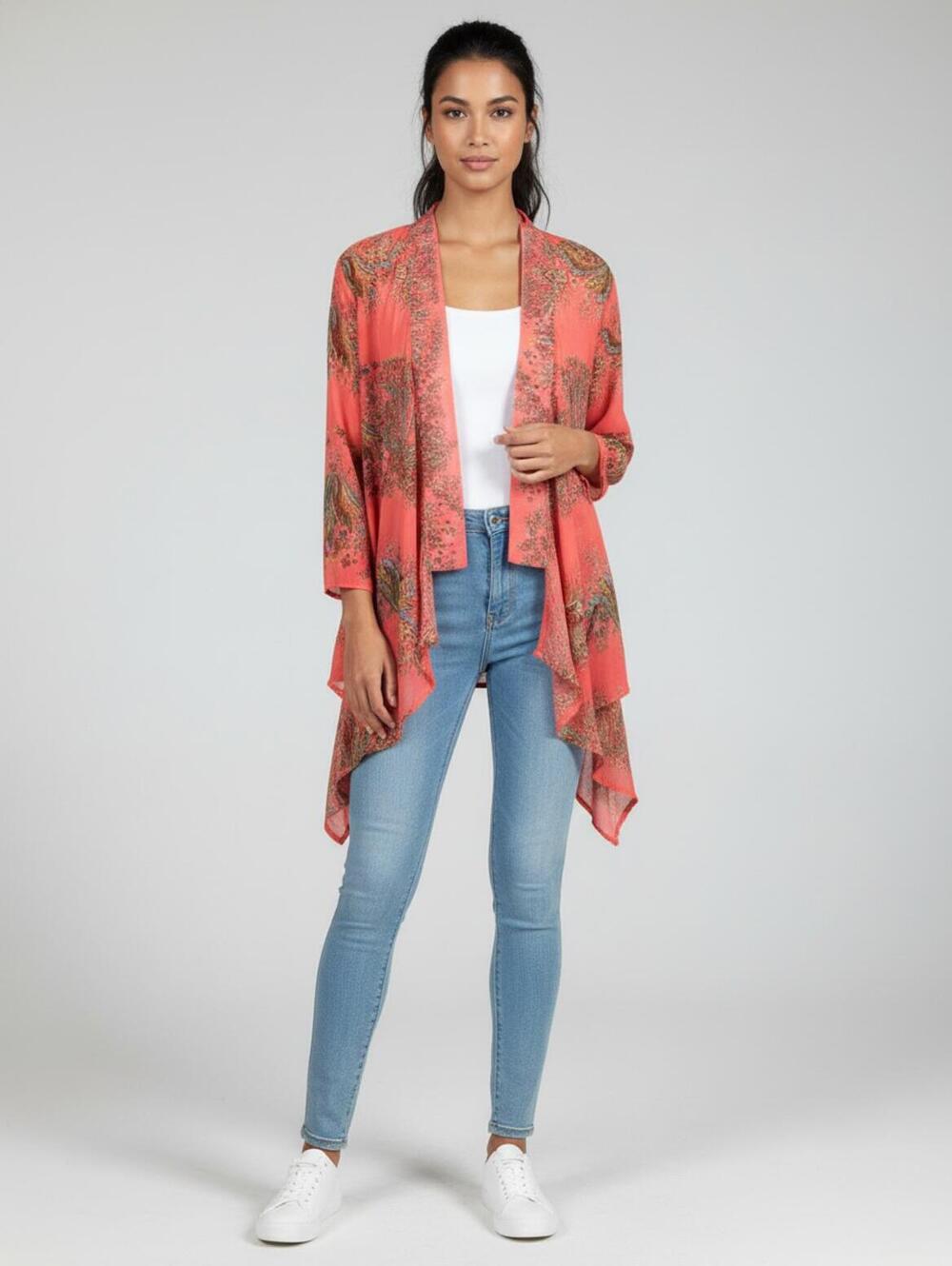 Cato Coral Paisley Print Open Front Cardigan SZ LG